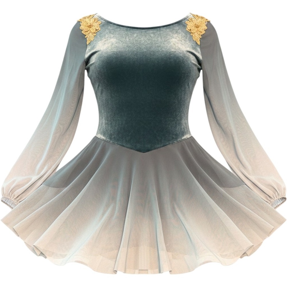 Weissman Lyrical Dance Costume Teal Blue Velvet Ombre Mesh Gold Floral‎ 13369 LA
